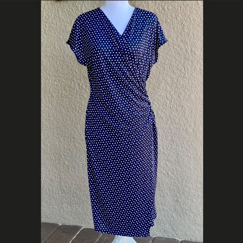 Elegant Navy Blue Polka Dot Wrap-stile Dress Sz 10 NWT